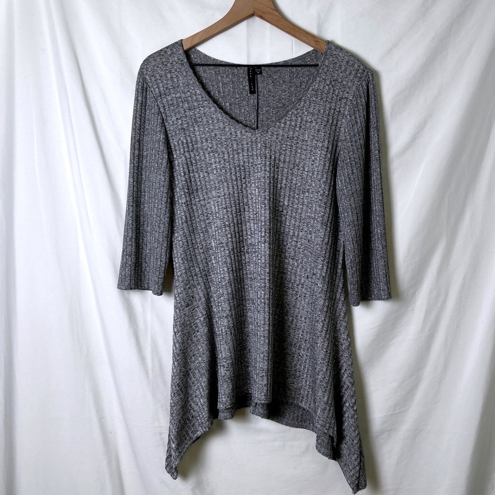 Obsession Womens Ribbed Sharkbite Hem V-Neck 3/4 Sleeve Tunic Top Grey Size 1X
